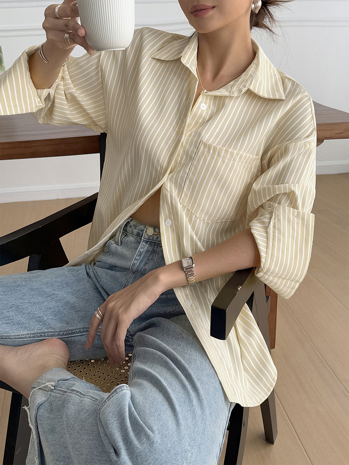 Women Drop Shoulder Button Down Shirt