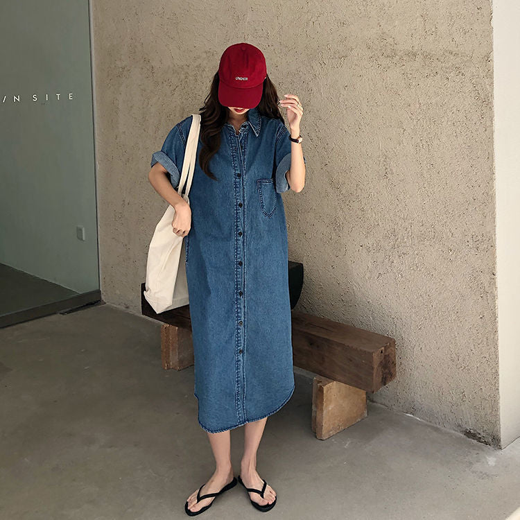 Short Sleeve Denim Shirt Dress for Women Loose Jean