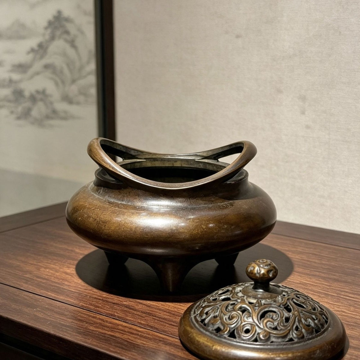 Incense Burner with Antique Bronze Finish and Ornate Lid