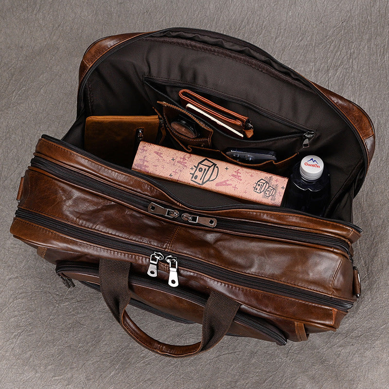 Genuine Leather Office Laptop Bag for Men with Trolley Sleeve