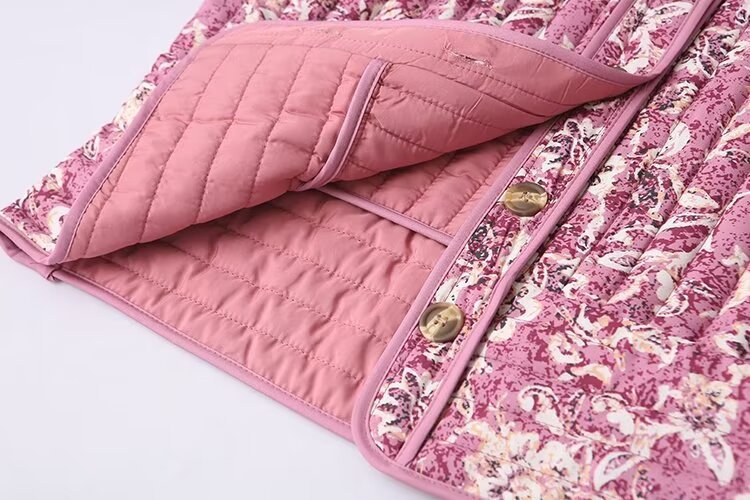 Women Floral Quilted Cotton Jacket Round Neck