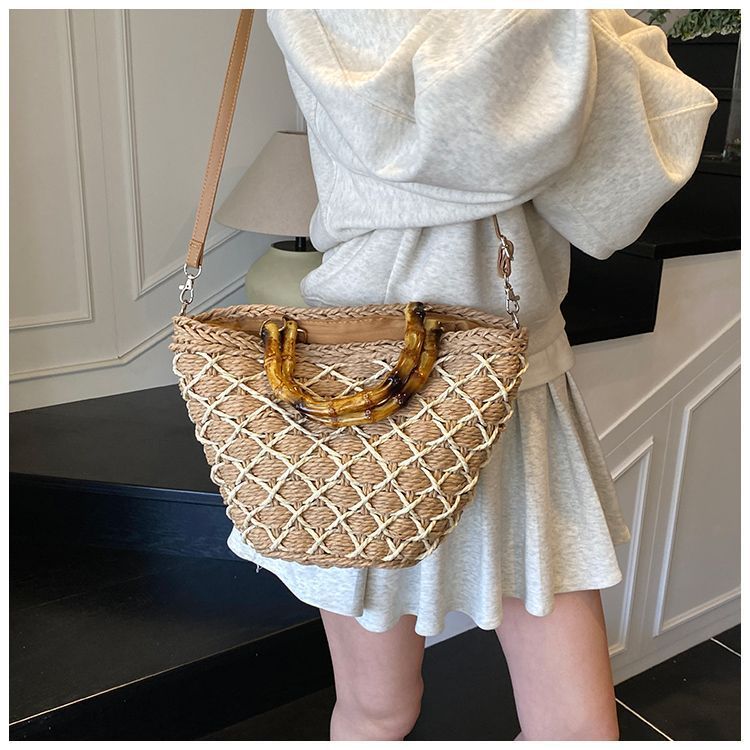 Woven Beach Summer Tote Bag with Bamboo Handles