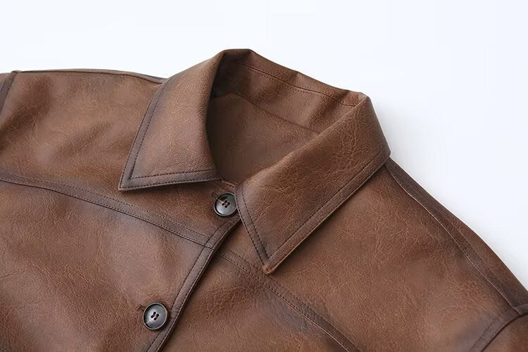 Brown Faux Leather Bomber Jacket for Women Cropped