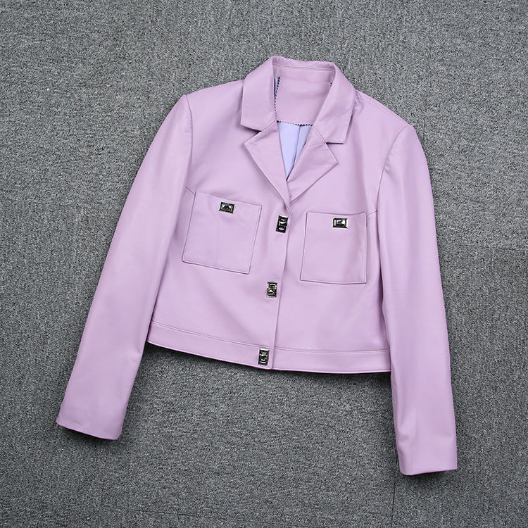 Women Cropped Pink Leather Jacket With Metal Lock