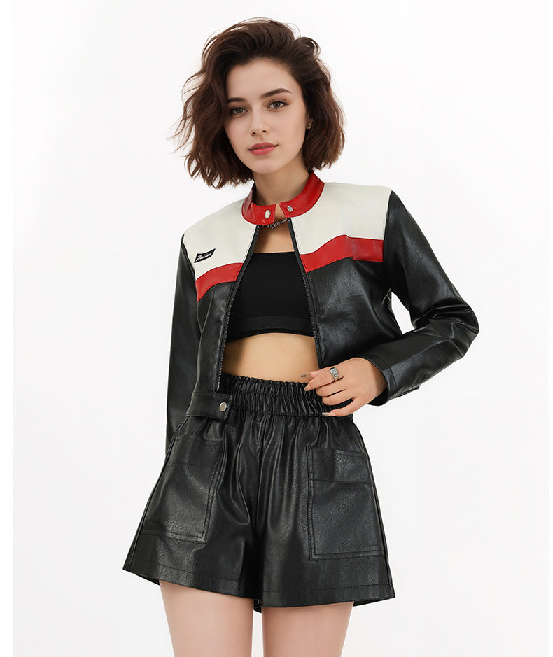 Faux Leather Biker Jacket with Red Stripe and Stand Collar