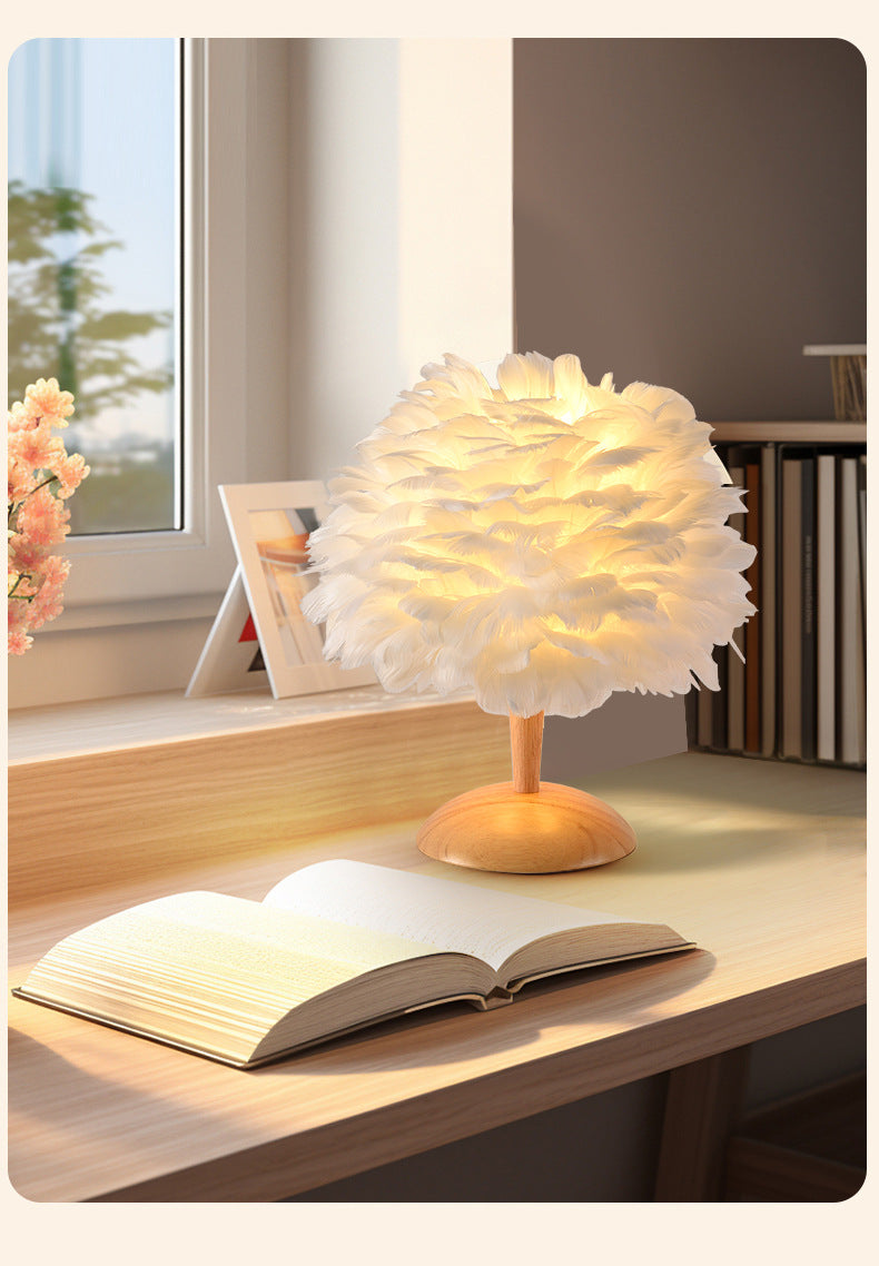 Feather Table Lamp for Bedroom with Wooden Base