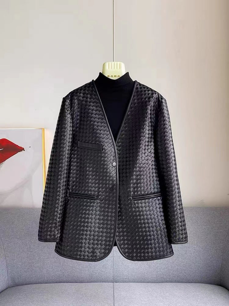 Leather Woven Jacket for Women Loose Fit Suit Style Blazer