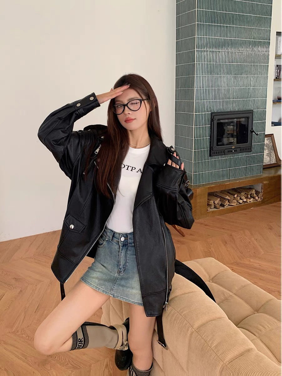 Women Oversized Genuine Leather Motorcycle Jacket Retro Washed