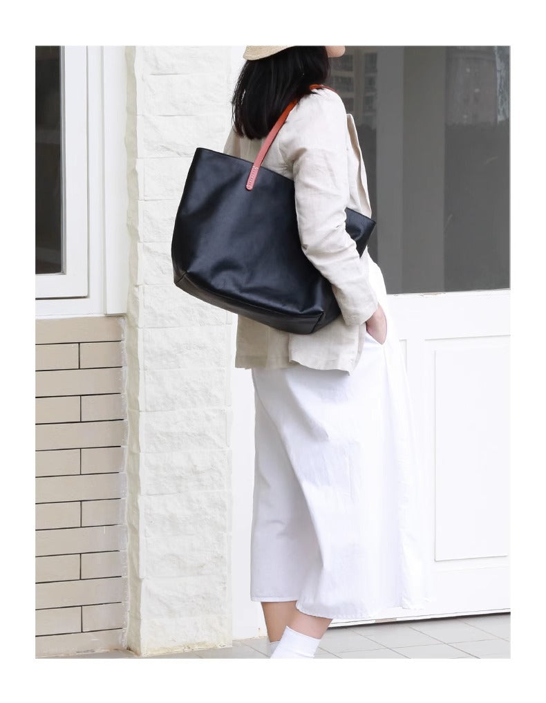 Women’s Genuine Leather Tote Bag With Contrast Handles