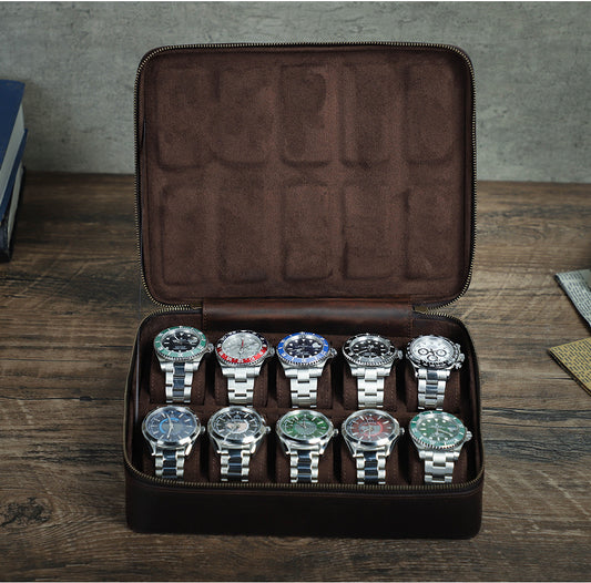 Brown Leather Watch Box for Men 10 Slot Organizer
