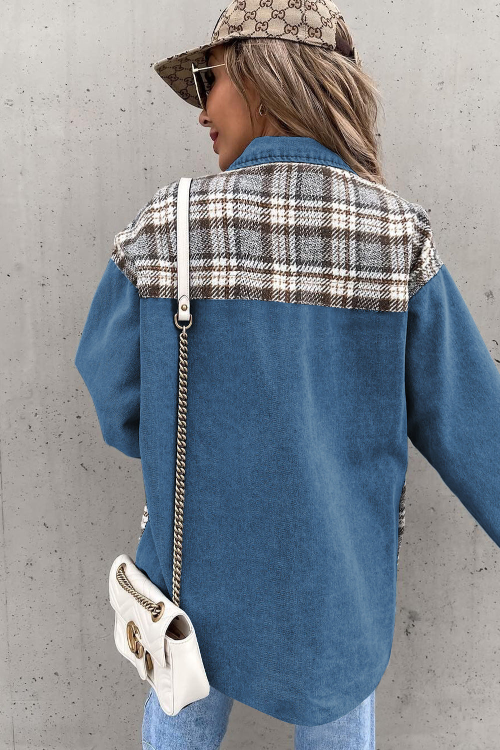 Mid-Wash Plaid Patchwork Oversized Denim Shirt Jacket for Women