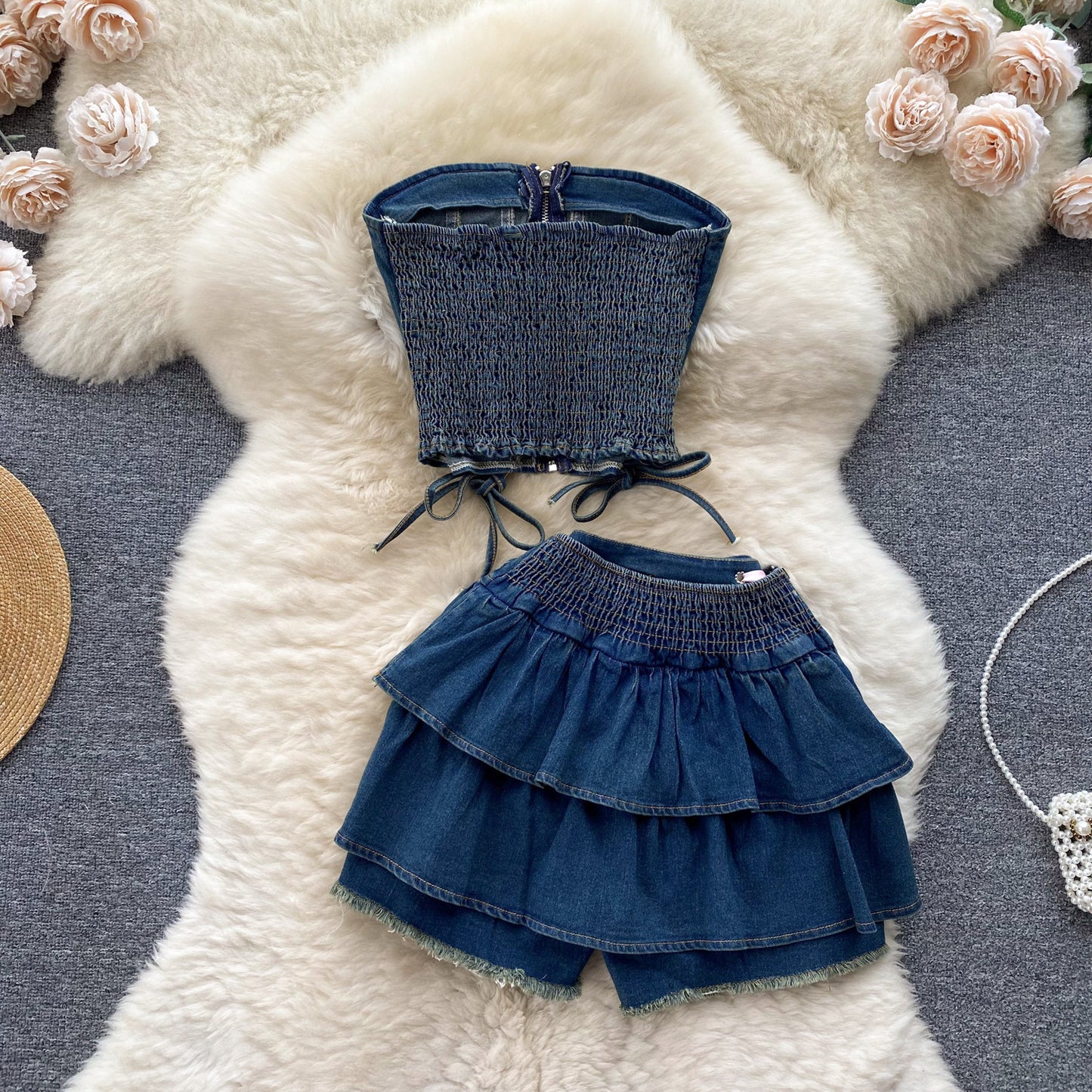 Denim Two Piece Set with Corset Top and Tiered Skirt Shorts