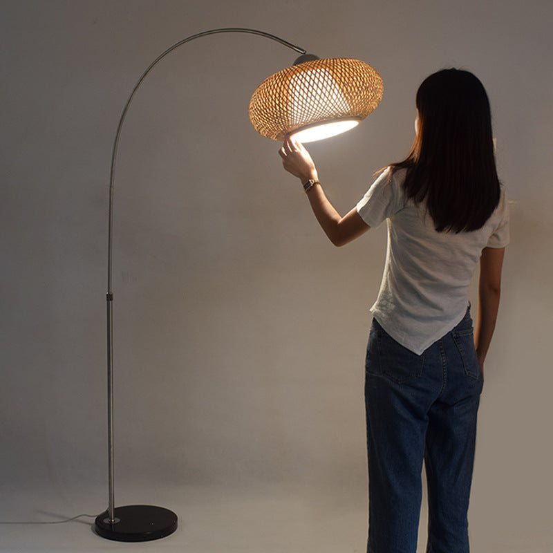Japandi Rattan Dome Shade Bamboo Arc Floor Lamp