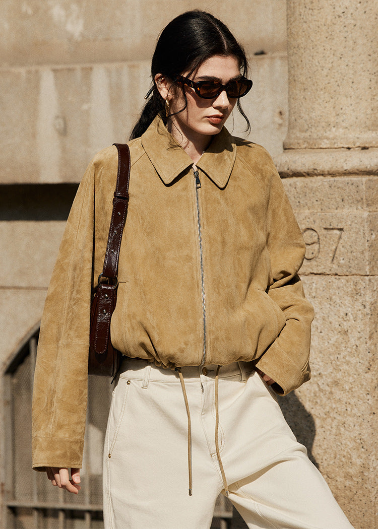 Tan Real Suede Leather Jacket for Women with Drawstring Hem