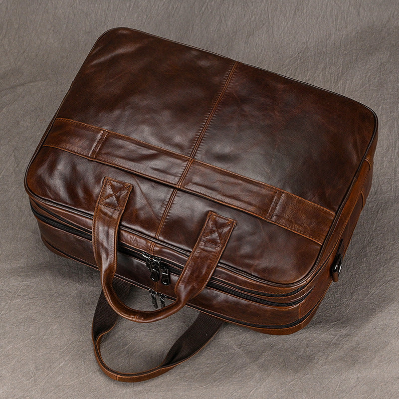 Genuine Leather Office Laptop Bag for Men with Trolley Sleeve