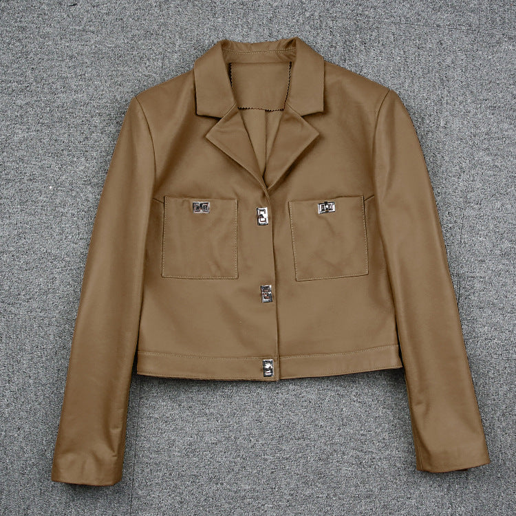 Women Cropped Leather Jacket Short Brown