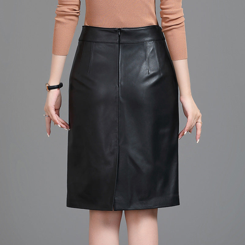 Women Leather Skirt High Waist Mid-Length with Back Slit