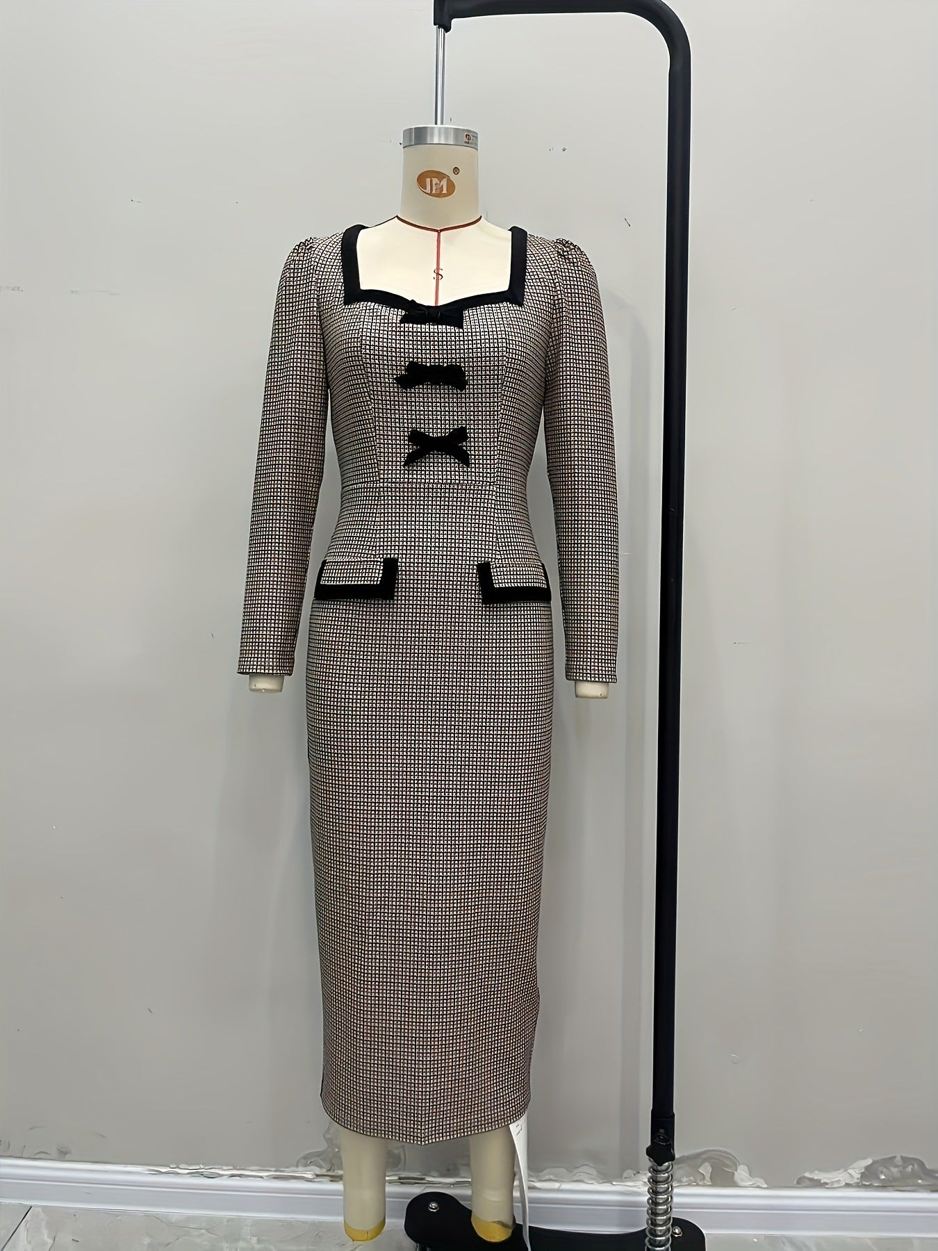Plaid Midi Long Sleeve Dress with Bows and Square Neckline
