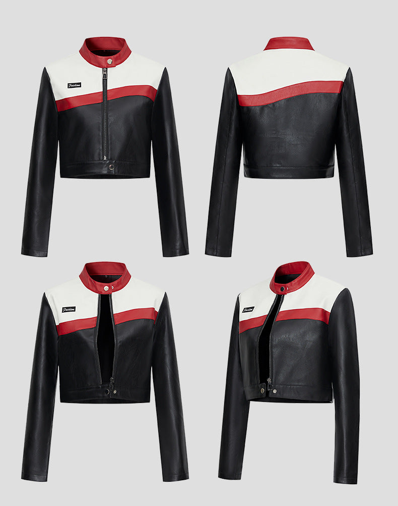 Faux Leather Biker Jacket with Red Stripe and Stand Collar