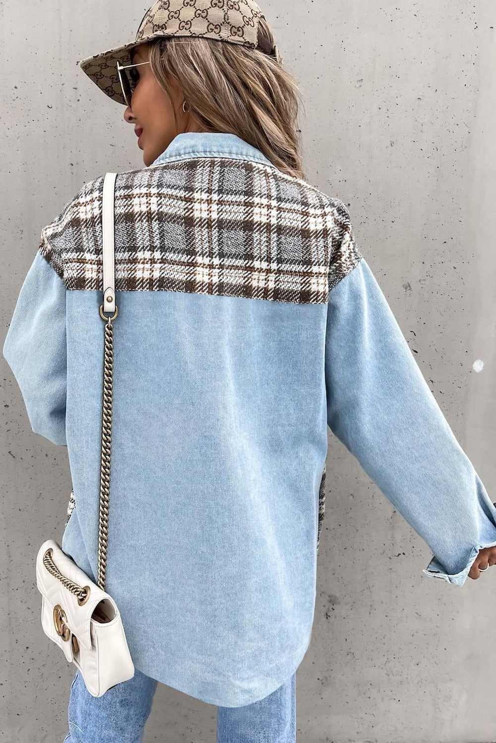 Plaid Patchwork Oversized Denim Shirt Jacket for Women