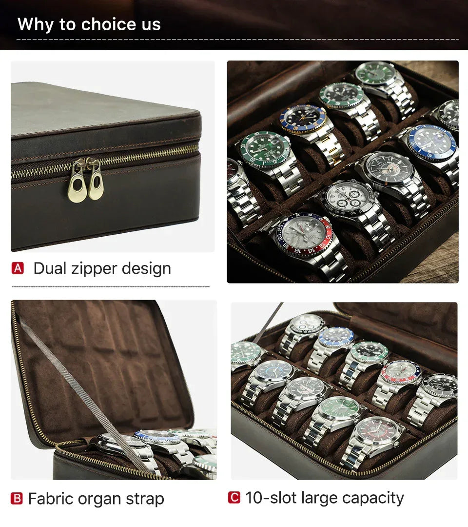 Leather Watch Box Organizer 10 Slot Travel Case for Men