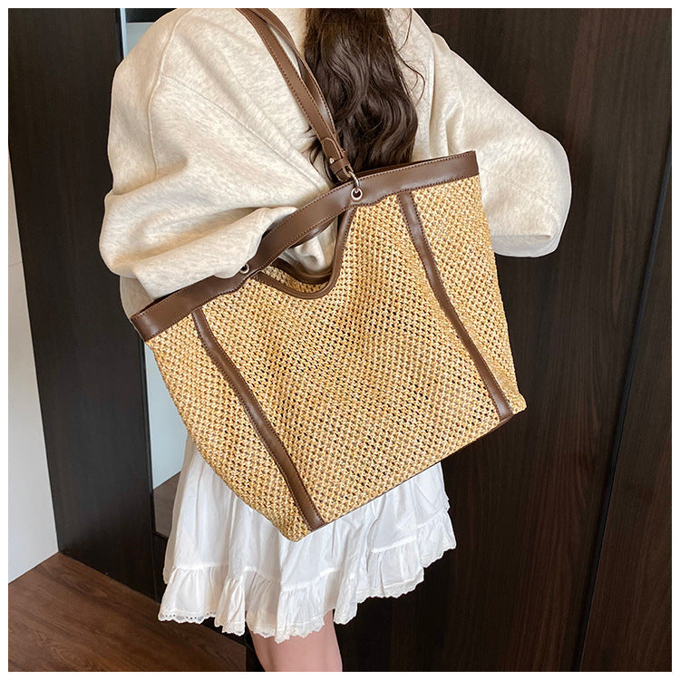 Woven Straw Beach Bag with PU Leather Trim