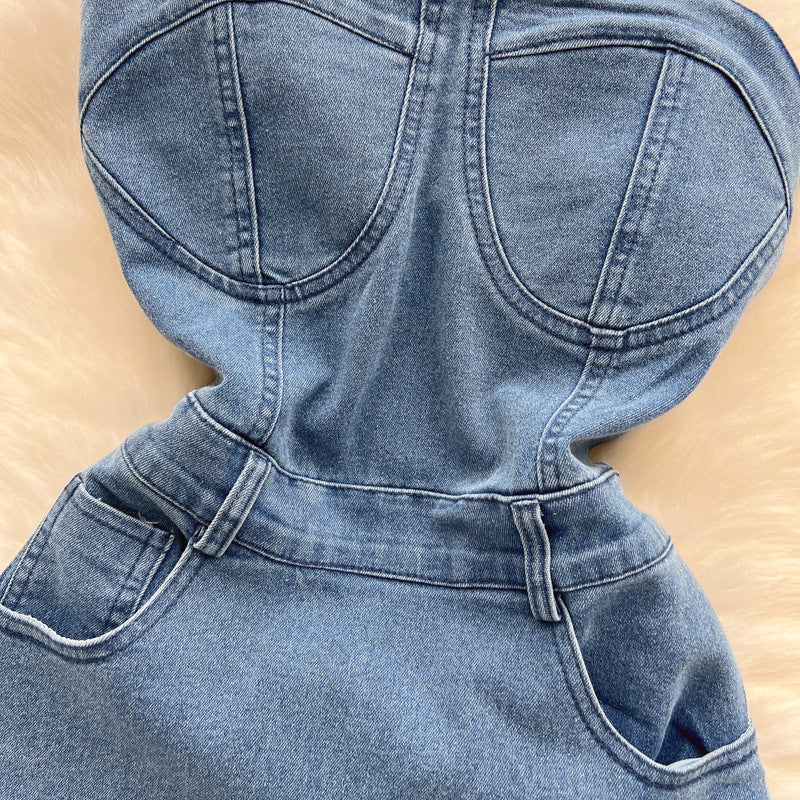 Strapless Denim Mini Bodycon Dress with Pleated Skirt