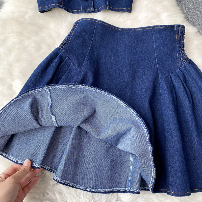 High Waist Denim Two Piece Skirt Set with Bustier Top for Women