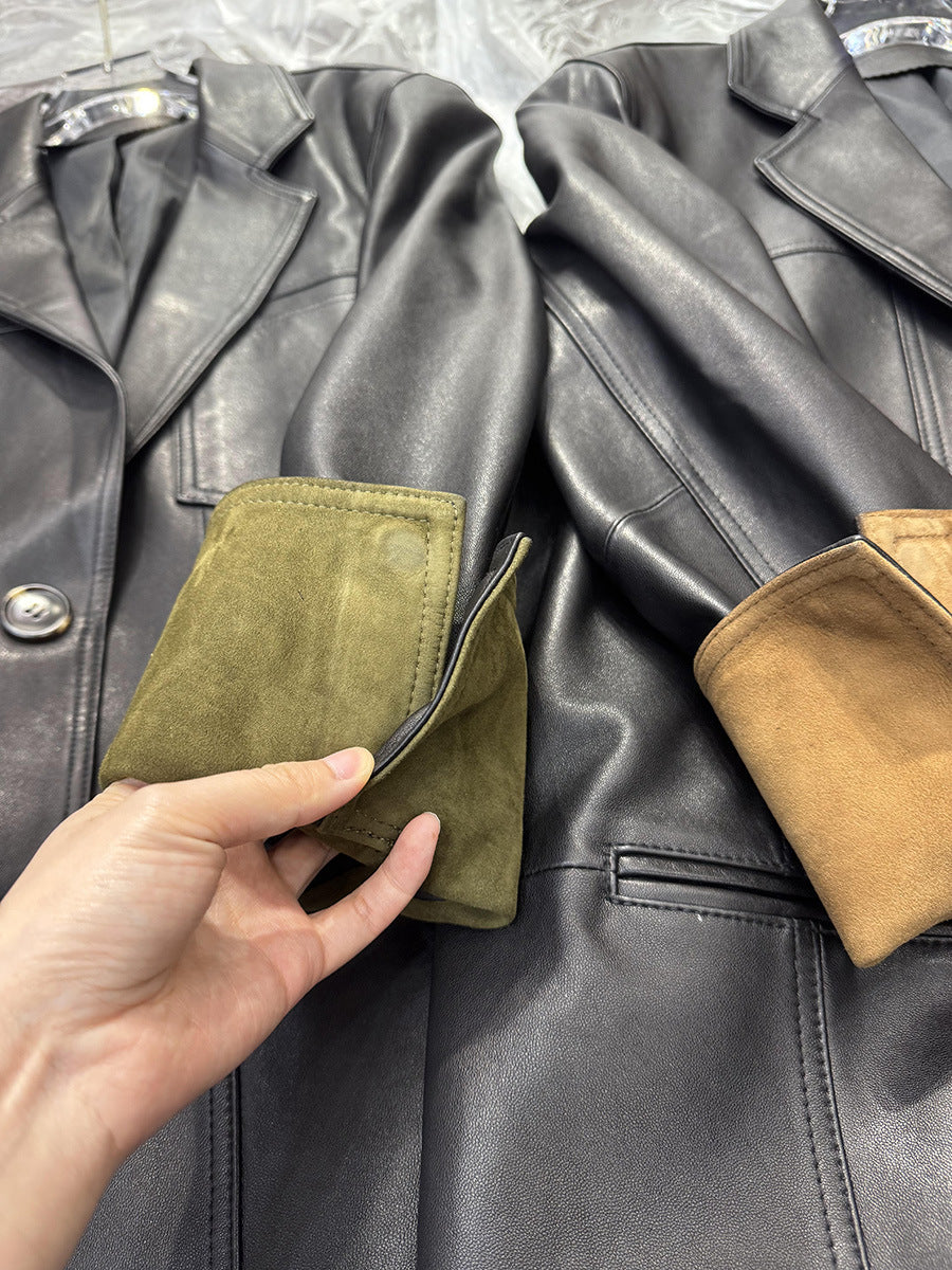Women Leather Jacket Mid-Length Blazer with Suede Cuffs