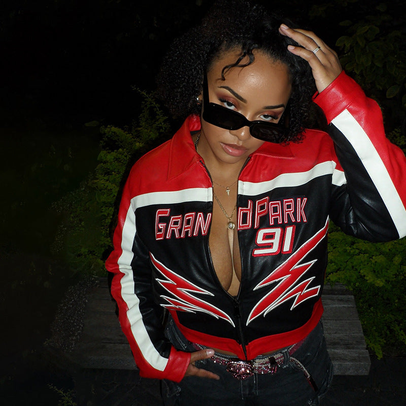 Red Faux Leather Bomber Jacket Women Moto Style