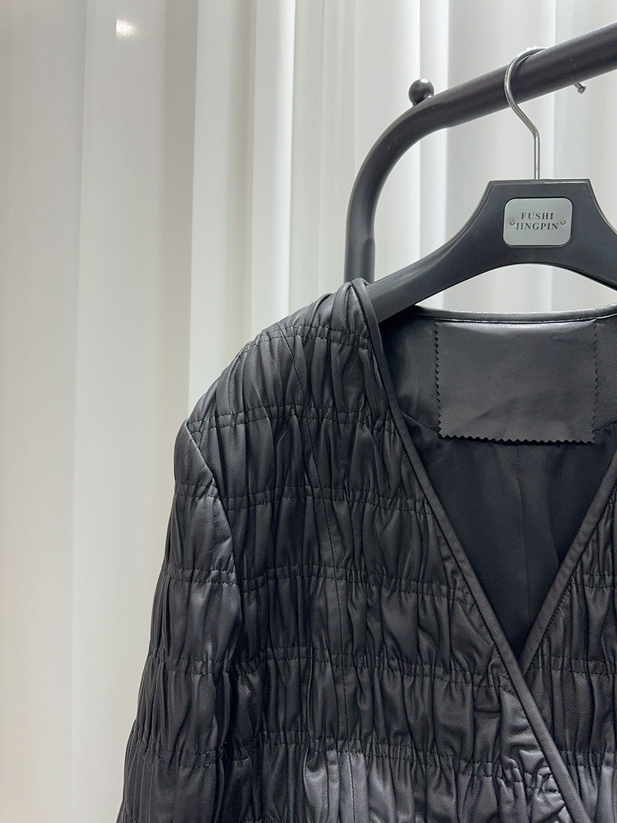 Women Leather Pleated Jacket Quilted V-Neck Short Coat