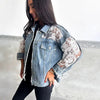 Mesh Spliced Oversized Denim Jacket with Lace Sleeves