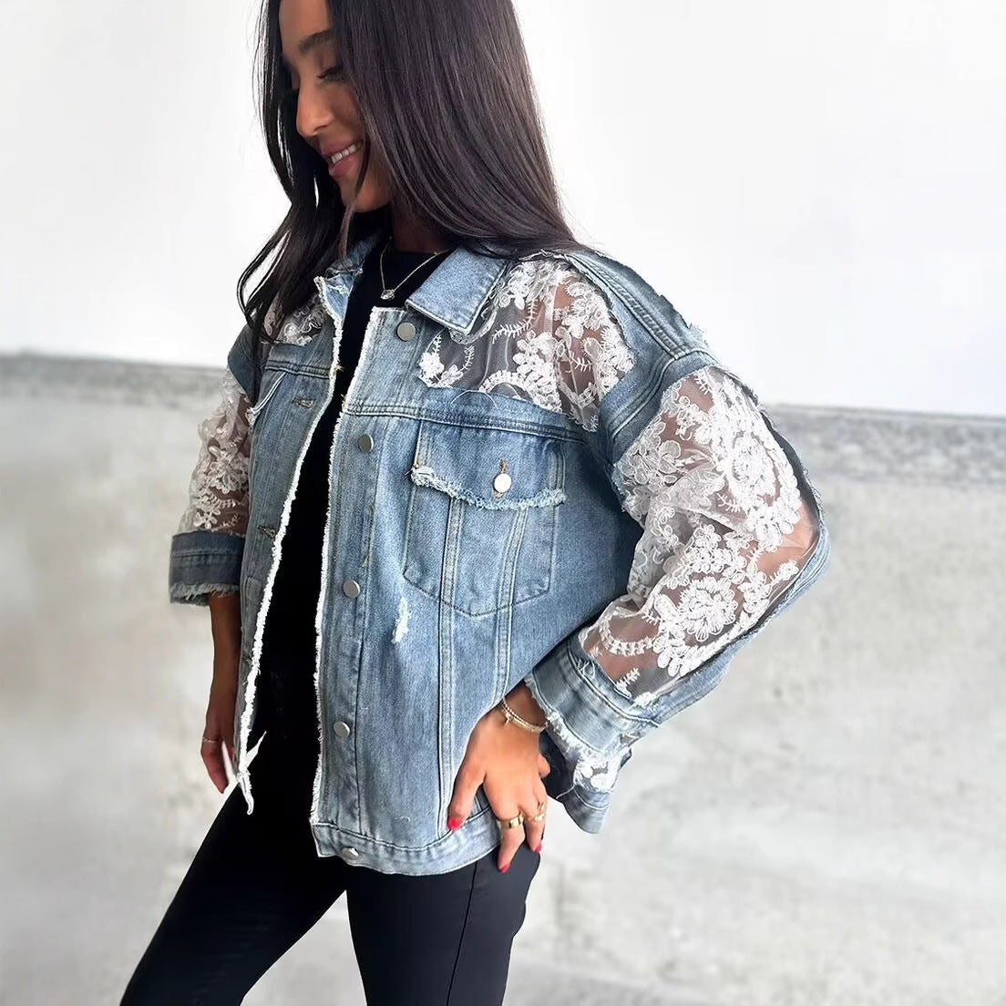 Mesh Spliced Oversized Denim Jacket with Lace Sleeves