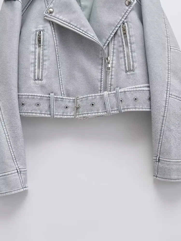 Women’s Short Faux Leather Motorcycle Jacket with Waist Belt