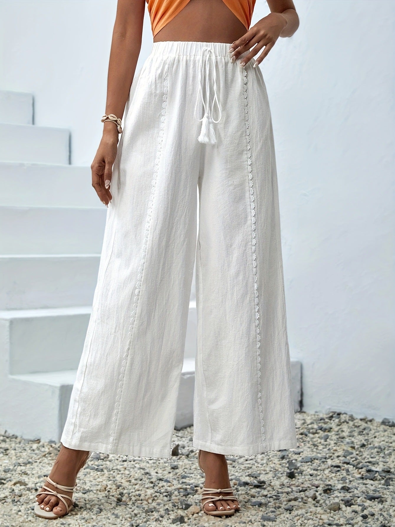 White Cotton Wide Leg Beach Pants for Women