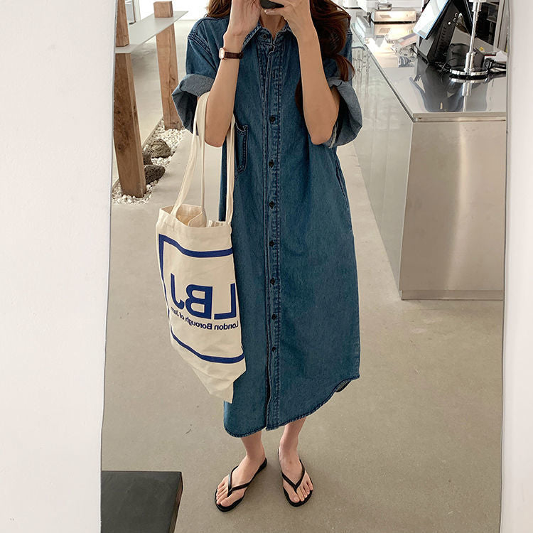 Short Sleeve Denim Shirt Dress for Women Loose Jean