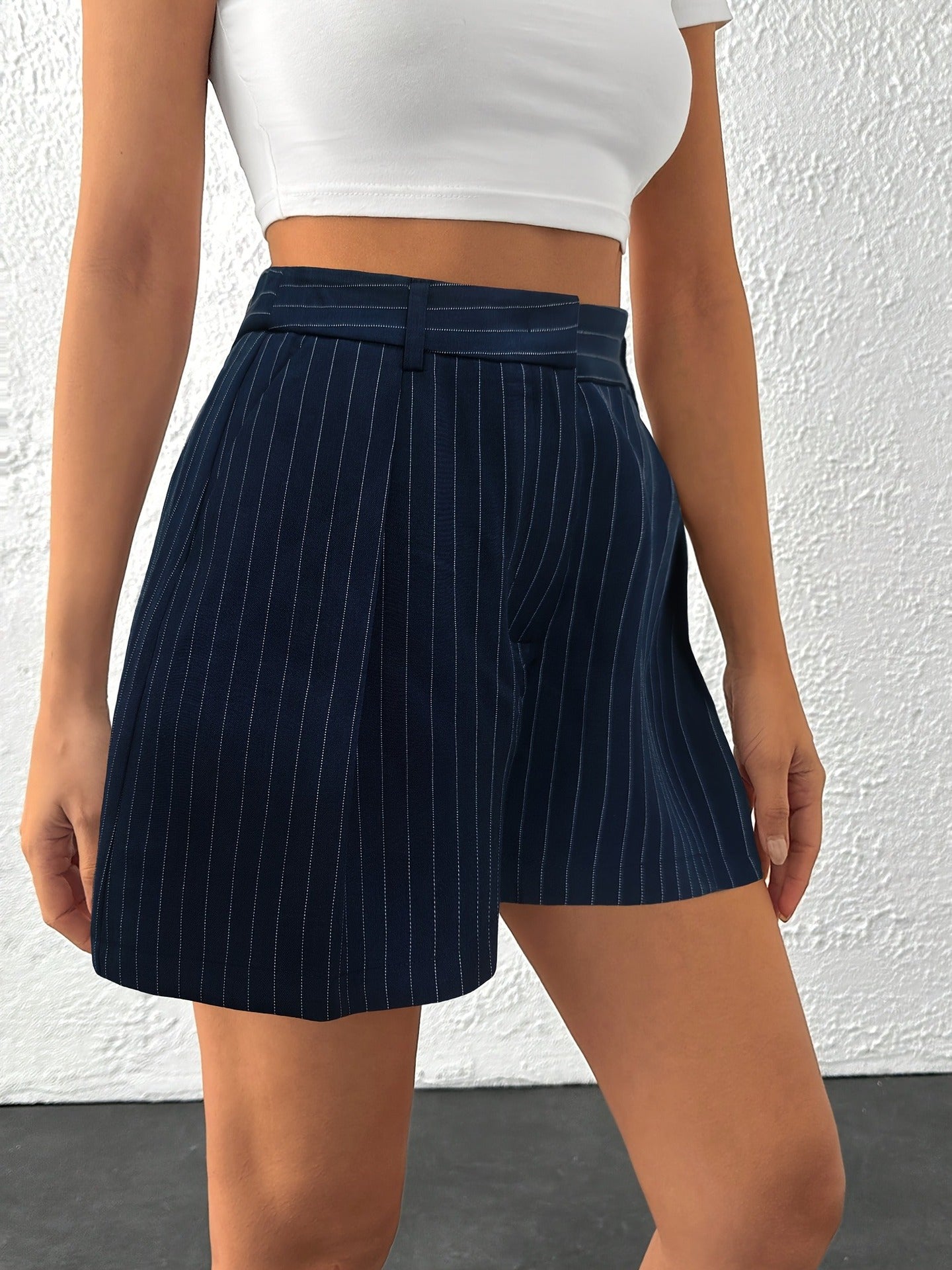 Navy Pinstripe High Waist Double Pocket Women’s Shorts