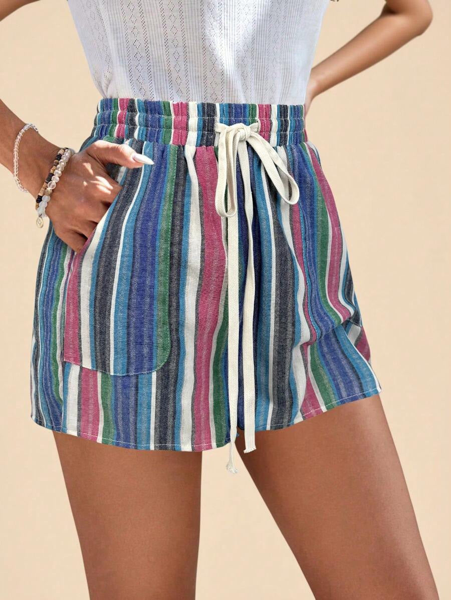 High Waisted Striped Cotton Summer Shorts with Drawstring