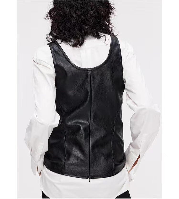 Women Genuine Leather Vest Biker Layered Tank