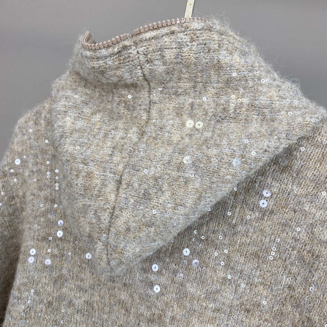 Women Mohair Cashmere Sequin Zip Cardigan Hoodie