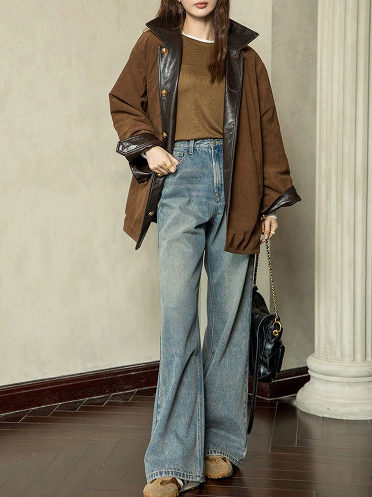 Reversible Waxed Leather Jacket Oversized Coat with Corduroy