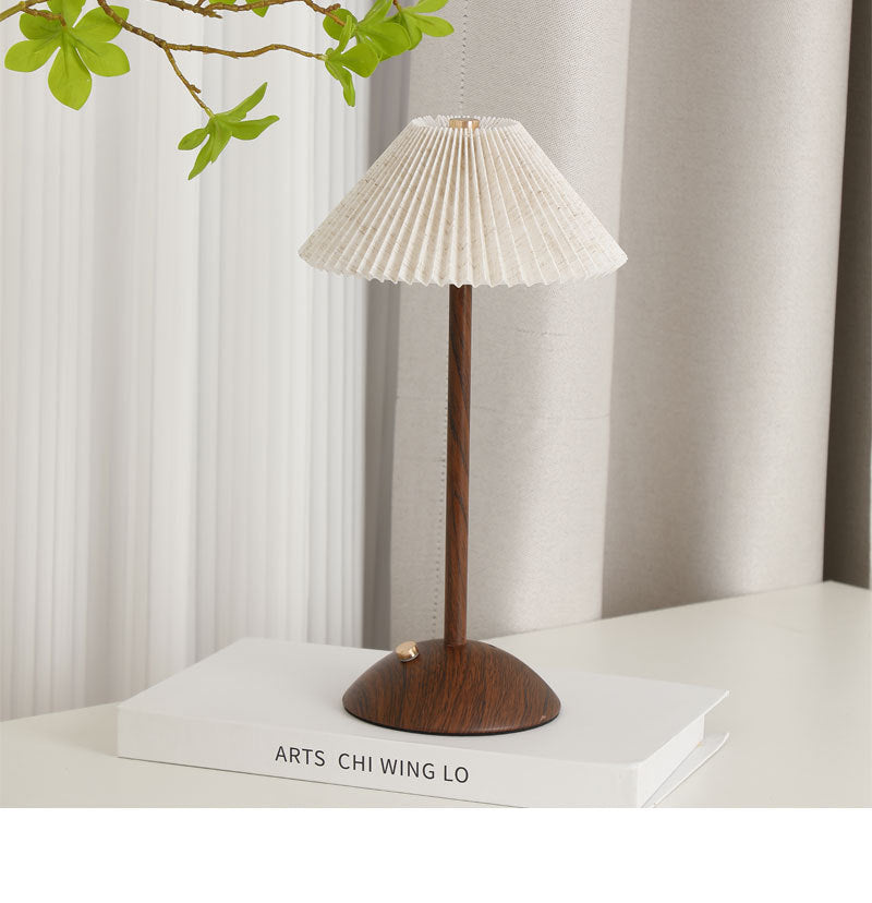 Nordic Pleated Table Lamp Rechargeable LED Wooden Base Bedside Light