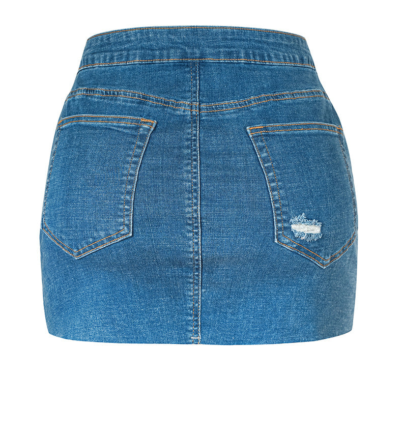 Ripped Washed Denim Mini Skirt with Multi-Button Front