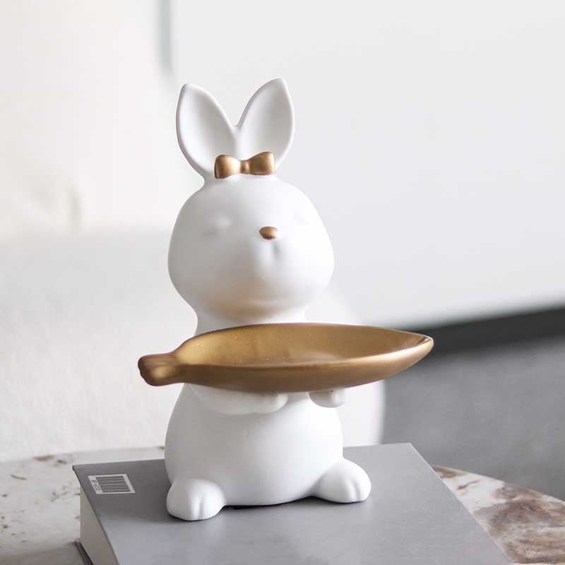 White and Gold Rabbit Resin Tray Key Storage Ornament