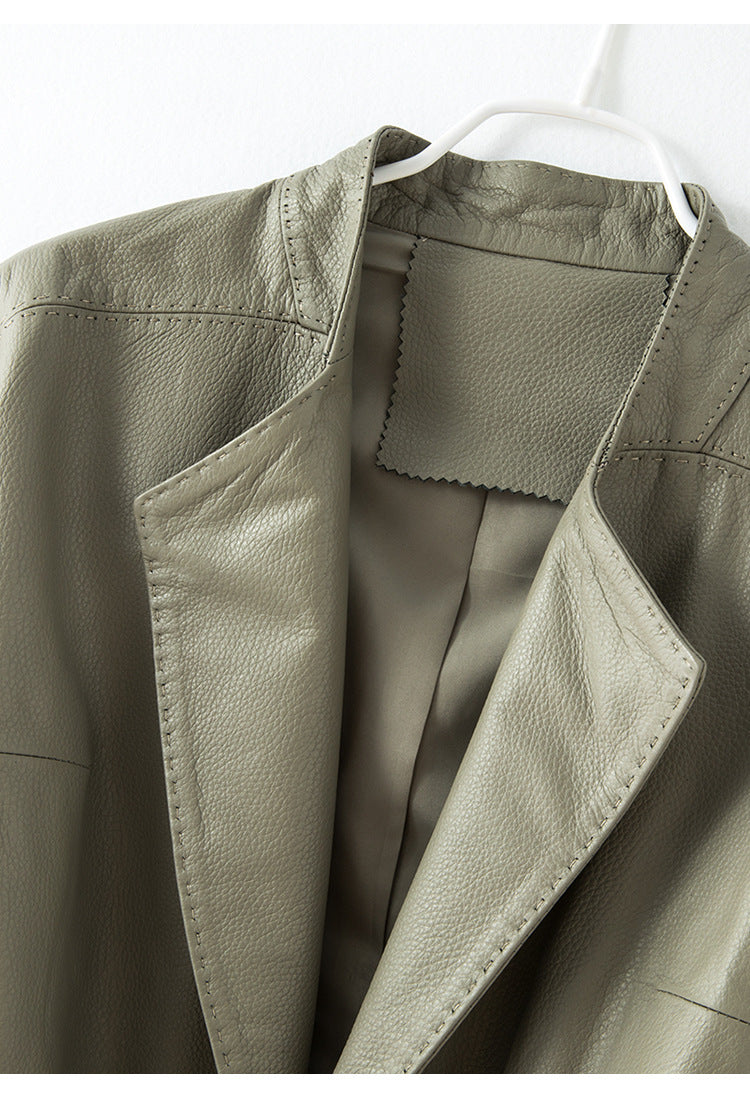 Women Leather Jacket Lychee Grain Belted Short Coat