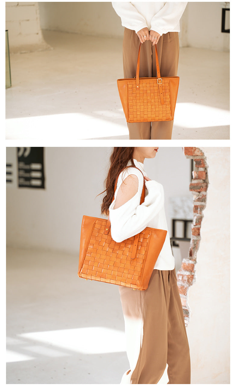 Woven Leather Tote Bag for Women Large Capacity