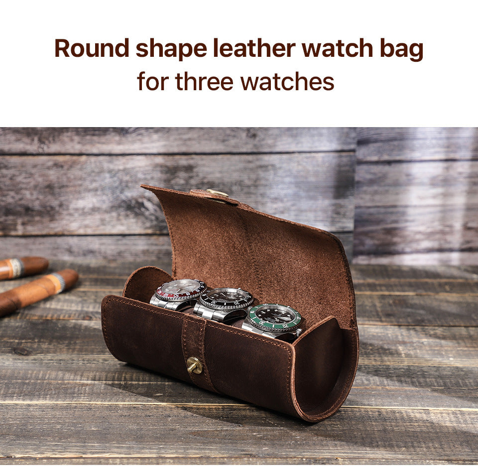 3 Slot Luxury Cylinder Leather Watch Organizer