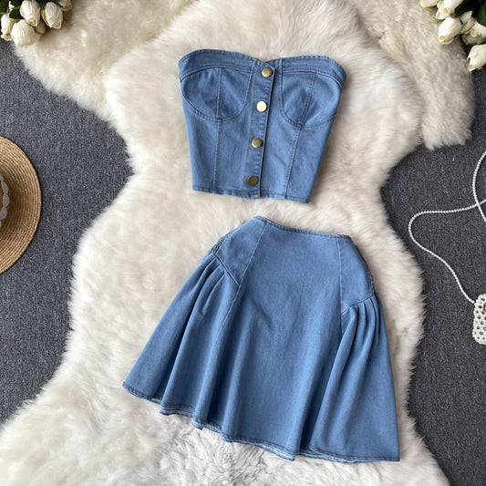 High Waist Denim Two Piece Skirt Set with Bustier Top for Women