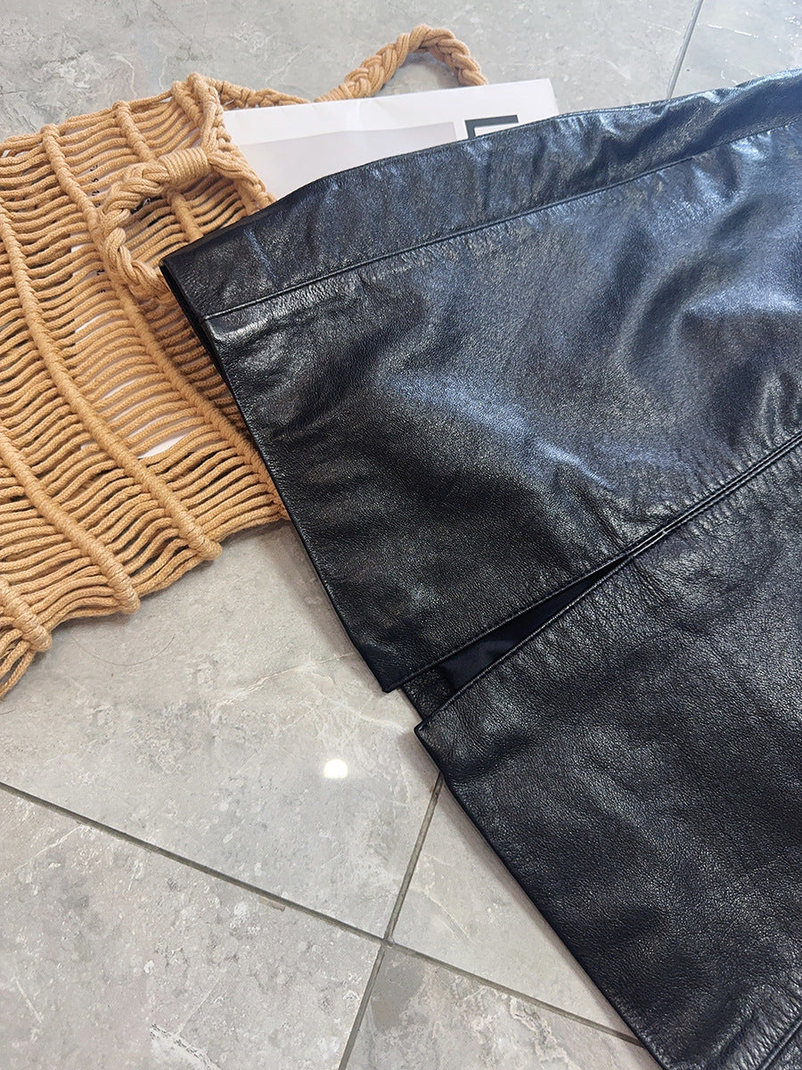 Genuine Leather Mini Skirt High Waist Slit