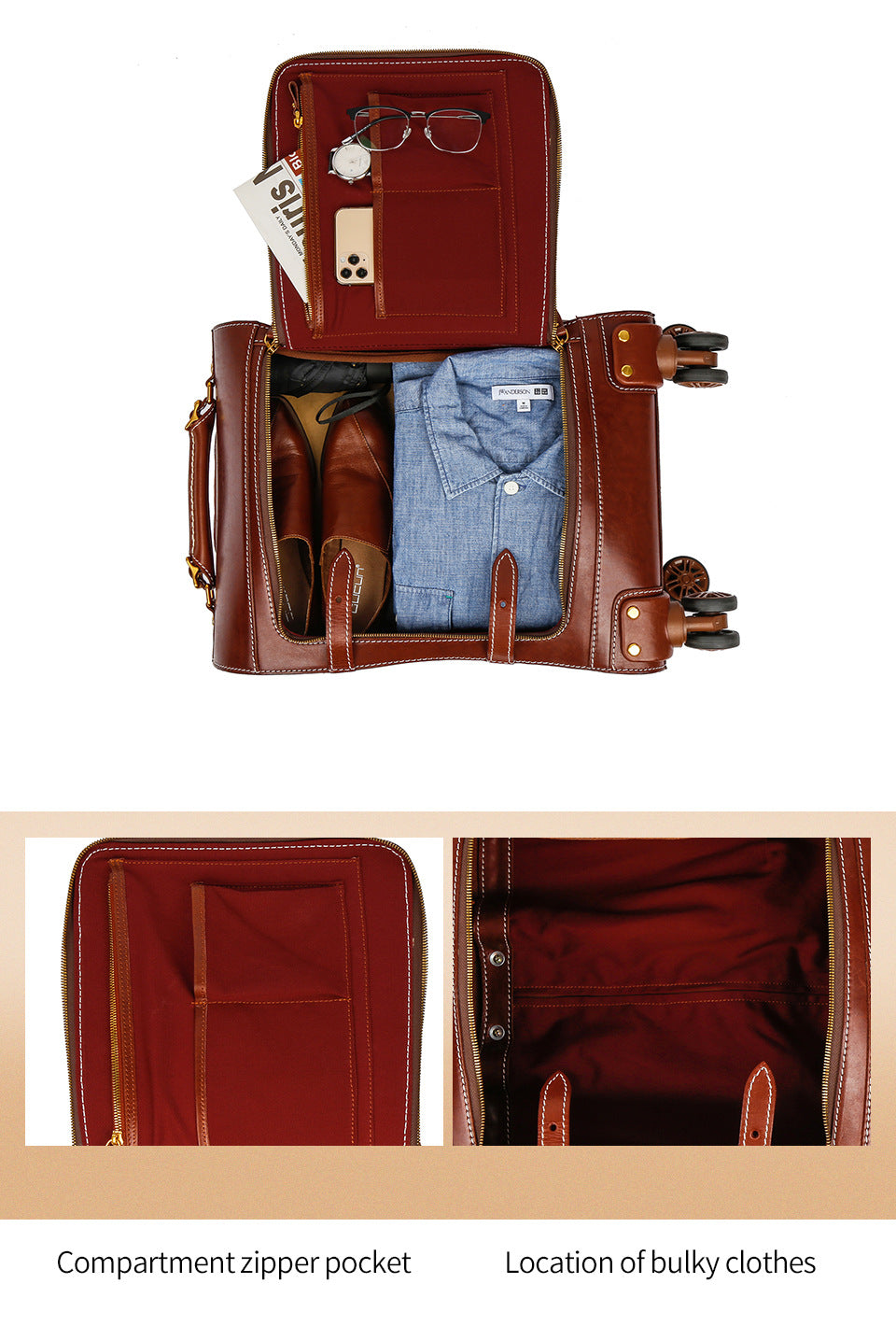 Leather Carry On Suitcase Trolley Case with Spinner Wheels